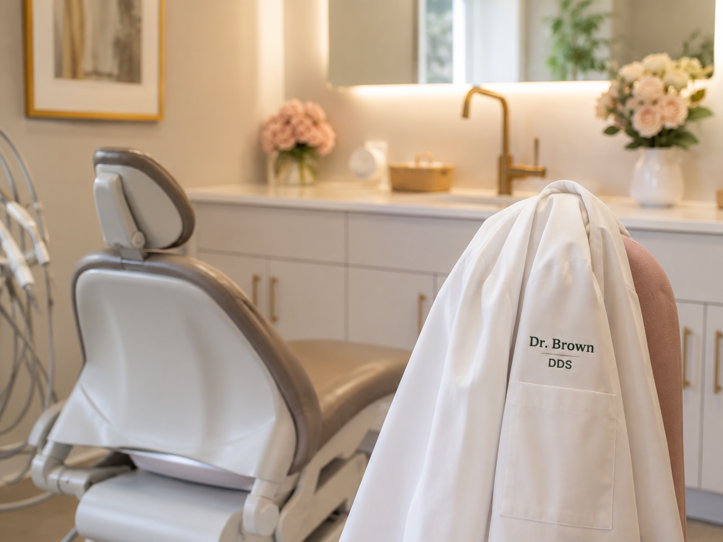 Photorealistic modern dental office with a coat embroidered Dr. Brown, DDS